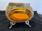 Vintage Brass Jewelry Casket Box Ormolu Filigree Beveled Glass 4-sided Amber