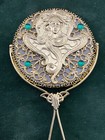 At Nouveau Mucha Style Hand Mirror Green Glass Jewels Czech
