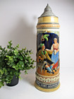 16  Tall German Beer Stein  Raised Relief Hunting Scene  Pewter Lid  Vintage