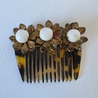 Vintage Hair Comb Gold Tortoise Shell Floral Faux Pearl Small