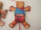 2 Vtg Wooden Pull String Toy Christmas Ornament Taiwan Teddy Bear Drum Horn