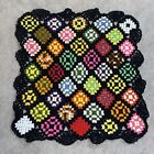 Vintage Handmade Black Blanket Granny Square Crochet Afghan Throw 42x42 Rosanne