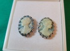 Vintage Wedgewood Blue Lucite Cameo Earrings 1960 s Rhod Plate New Os See Story 