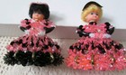 Vintage Retro Pink   Black Safety Pin Beaded Dolls Set 2 Very Nicely Done 