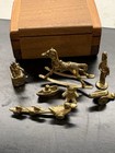 Vtg 7pc Micro Mini Brass Toy Figurines Set W  Wooden Toy Box - Rocking Horse