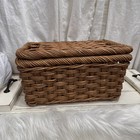 Hand Woven Wicker Rattan Storage Basket Lid Handle Holes Bin Box Organizer Vtg