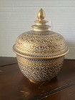 Vtg Thai Benjarong Porcelain Lidded Jar W handpainted Enamel   Gold Gilded