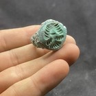 Ancient Roman Style Bronze With Turquoise Intaglio Stone Ring With Rare Patina 