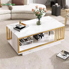 Modern White Gold Coffee Table High Gloss Marble Veneer Rectangle Living Room