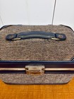 Vintage Blue Tweed Train Case Vanity Case W  Pop-up Mirror - Travel Organizer