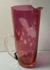 Vintage Mcm Cranberry Glass Martini Pitcher With Etched Floral Design