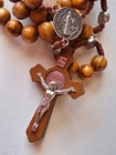 Wood Bead Christian Rosary Necklace With Crucifix Cross   St  Benedict Medal