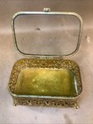 Vtg 6  Beveled Glass Gold Filigree Ormolu Regency Footed Jewelry Casket Box