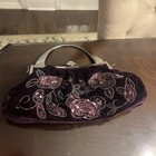 Purple Beaded Velvet Evening Bag Purse Steel Handle With A Tuck Away Chain