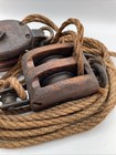Antique Wooden Block   Tackle Pulley Set W  Rope     Primitive Nautical Barn
