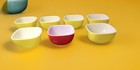 Lot Of 7 Vintage Pyrex Ovenware  407 Hostess Ramekins Yellow   Red Square Bowls