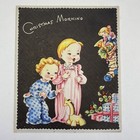 Vintage Mid Century Christmas Greeting Card Cute Kids In Pajamas Stockings Gifts