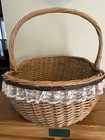 Vintage Large Oval Wicker Basket With Handle  Trimmed With Ribbon And Lace
