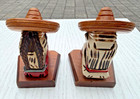 Vintage Mexican Folk Art Wood Figurines Sombrero Couple Hand Carved Hand Painted
