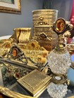 Vintage 1960s Ormolu Filigree Hollywood Regency Vanity Set Amber Jewel