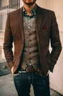 Vintage Brown Herringbone Wool Blend Vintage Suits With Vest 2 Button Jacket New