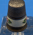 Antique Thimble 935 Silver Guilloche Enamel White Pink Roses Band Small Size