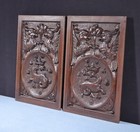 Pair Of Vintage French Solid Beech Wood Highly Carved Panels W griffins dragons