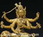 9  Old Tibet Buddhism Pure Bronze Gilt 3 Head 6 Arms Ride Beast Buddha Statue
