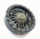 Vintage Carved Wood Picture Button W  Pierced Brass Flower Escutcheon   1-1 8 