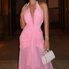 Sexy Halter Neck Evening Dresses V Neck Long Sheath Pleated Cocktail Party Gowns