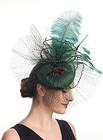  Fascinator For Women Hair Clip Hat Bowler Feather Flower Veil Ta12-dark Green