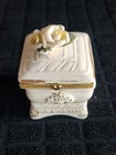 Porcelain Hinged Trinket Box With Flowers On Lid   Heart Shaped Clasp Gold Trim