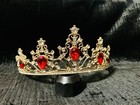 Gold Tone Tiara Crown Headband W  Red Teardrop Rhinestones   Clear Crystals