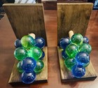 Set Of Large Lucite Grapes Cluster Bunch Wood Bookends Blue   Green Vintage Mgm