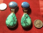 Vintage  Navajo Handmade Solid Turquoise Sterling Silver Dangle Earrings Clip On