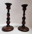 8  English Pair Of Oak Barley Twist Candlesticks W brass Tops 