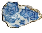Blue And White Floral Oyster Shell Trinket Ring Dish Hand Painted Gold Edges 5in
