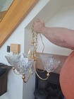 Pendent Vintage Lead Cut Crystal 5 Arm Glass Body Brass Gold Accent Chandelier