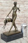 Sign Nude Diana The Hunter With Hunting Dog Bronze Sculpture Marble Base Statue