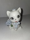 Vintage Ceramic Porcelain Artmark Kitty Cat Blue Flower Tie Kitten Figurine Old