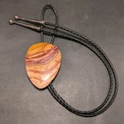 Vintage Large Picture Jasper Bolo Tie Sterling Tips Black Leather Bold 1970s