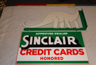 Vintage Sinclair Dinosaur Credit Card 20  Metal Enamel Gasoline Oil Flange Sign 