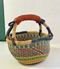 Handwoven Vintage Bolga Basket From Ghana Leather Wrapped Handle 9x11 Multicolor