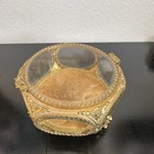 Vintage Ormolu Gold Filigree Beveled Glass Jewelry Casket Vanity Trinket Box