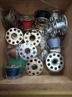 Lot Vintage Wooden Thread Spools - Corticelli Talon Bobbins Sewing Foot Wood Box