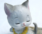 Ceramic Cat Figurine  White Cute Closed   eyes Kitty With Beaded Collar 2 75  Vtg