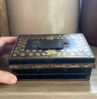 Antique Tin Litho Metal Bankers Box With Tray Gold Leaves Toleware Deed