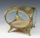 Large Vintage Ormolu Beveled Glass Brass Filigree Jewelry Casket Box Ornate