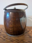 Antique Victorian 6    Oak Biscuit Barrel W brass Hardware  Lid   Ceramic Liner 