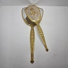 Vintage 1950s Matson Vanity Hand Mirror Hair Brush Set Floral 24k Gold Plated